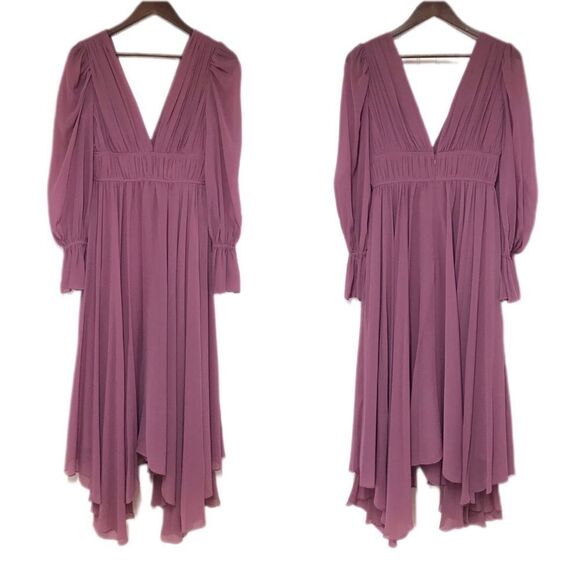 GIANNI BINI Shay Low Cut Pleated Midi Dress Long Sleeve Mauve Purple Sz 2 4 New - Picture 3 of 14